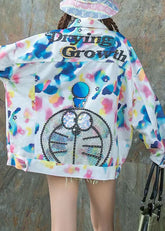 Art Blue Peter Pan Kragen Zirkon Print Patchwork Denim Mantel